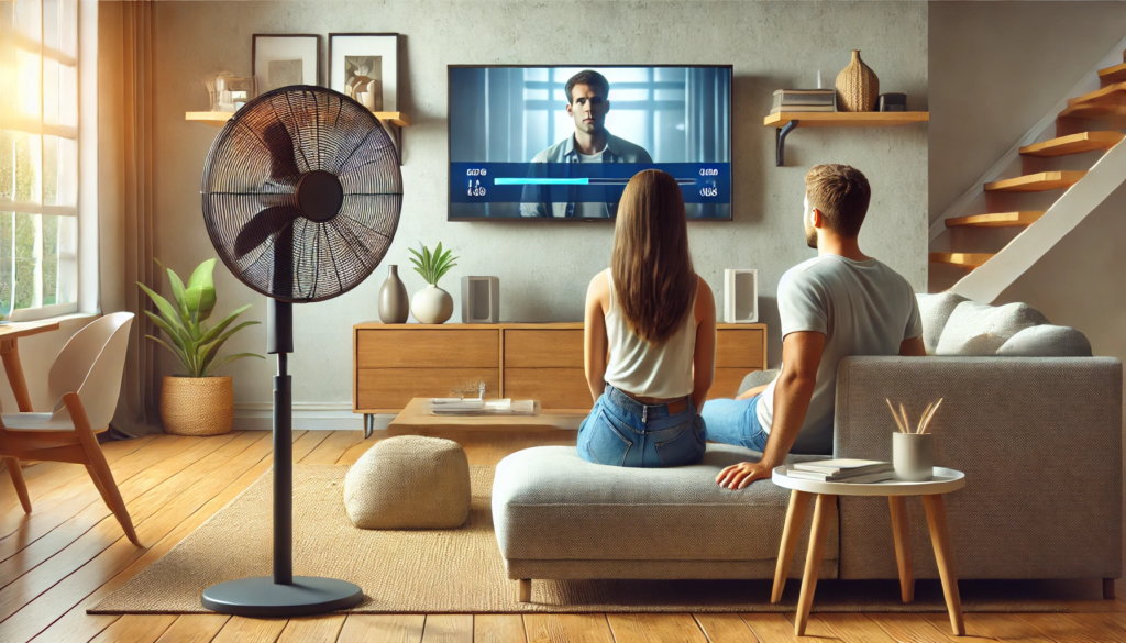 Pareja sentada en el sofá viendo la televisión. Productos indispensables para el hogar.