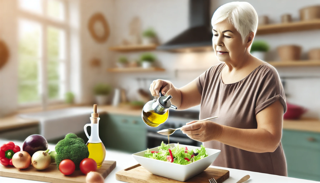 Mujer mayor vertiendo aceite a una ensalada en la cocina. Productos indispensables para el hogar.
