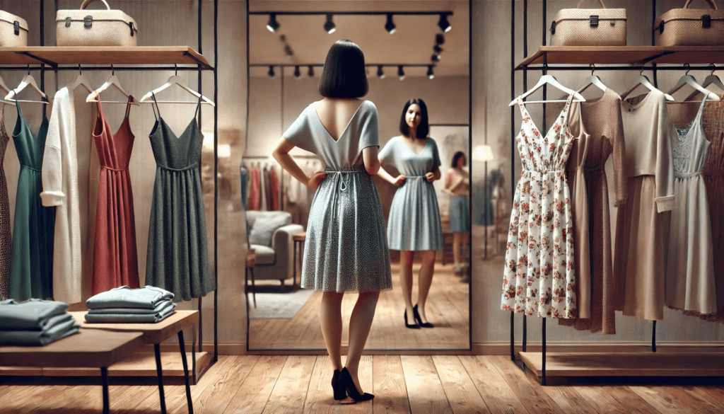 Una mujer probándose un vestido beige en una tienda de ropa. Rebaja Final en Moda Mujer.