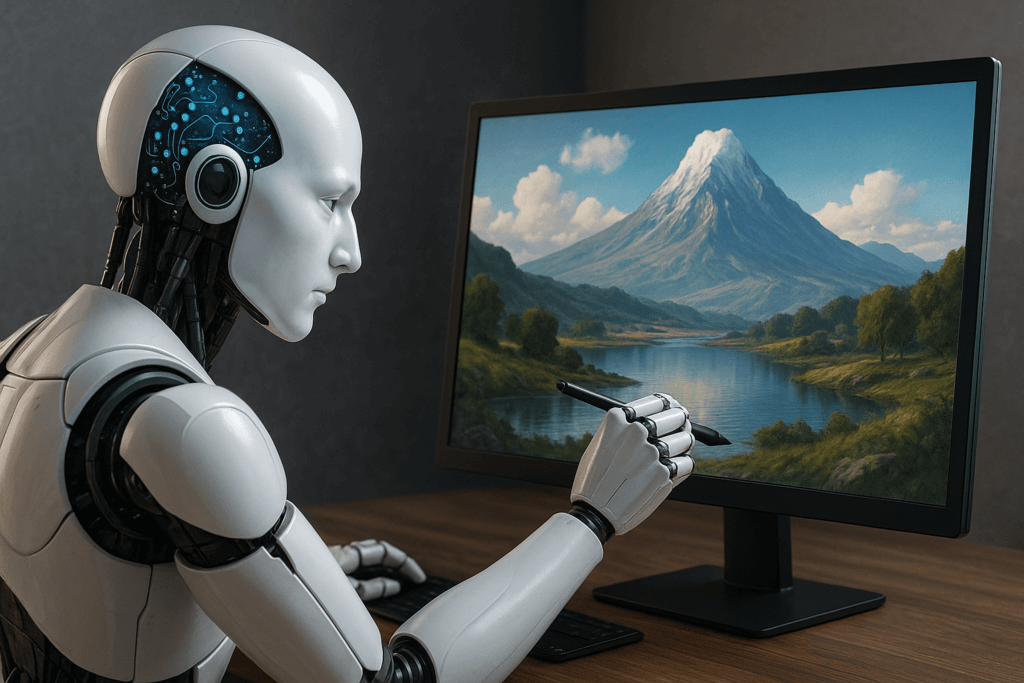 Robot creando  imágenes con IA