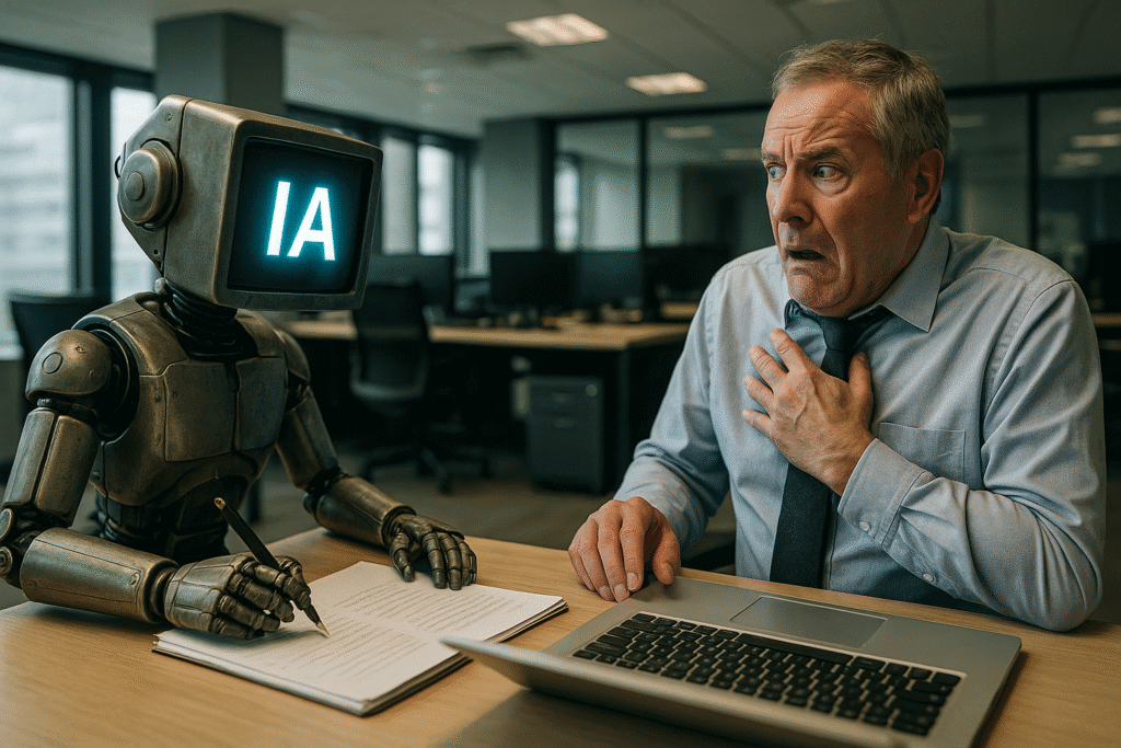 Un hombre de unos 50 años asustado por la inclusión de la IA en el trabajo.