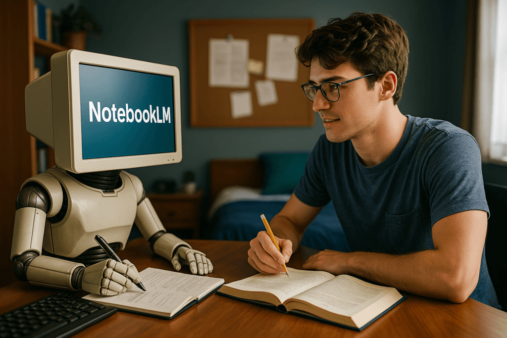 Ordenador humanoide que representa a NotebookLM estudiando con un estudiante universitario