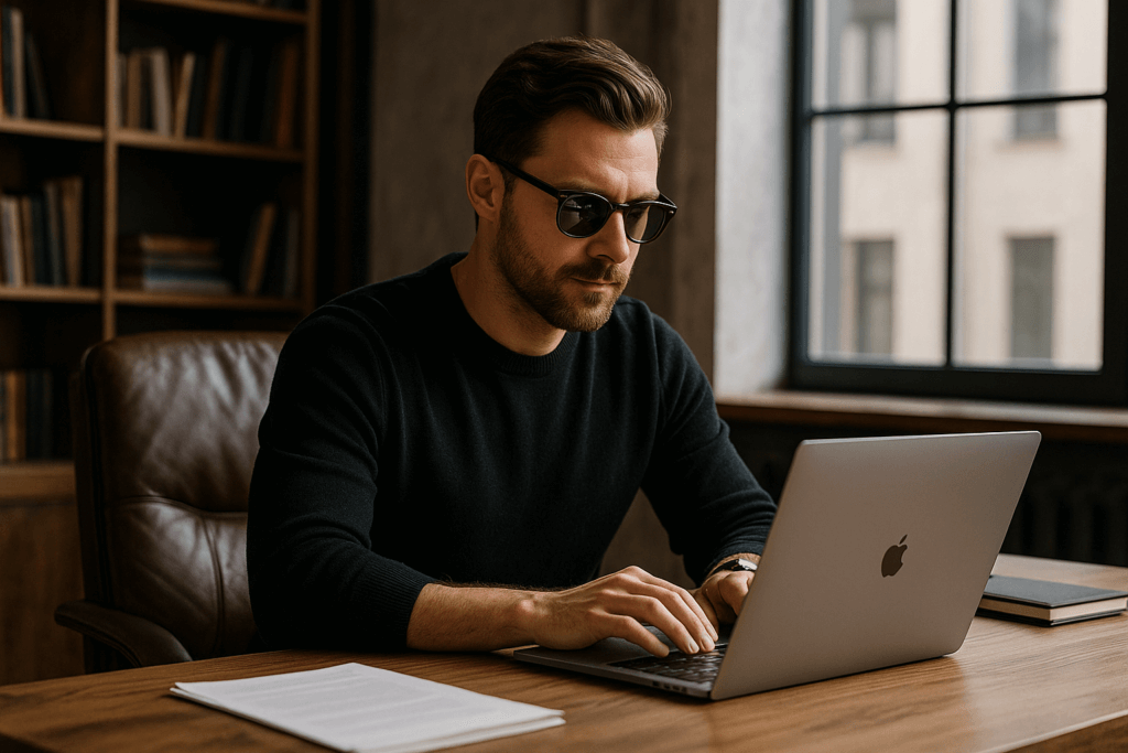 un chico cool escribiendo en su portátil en su despacho